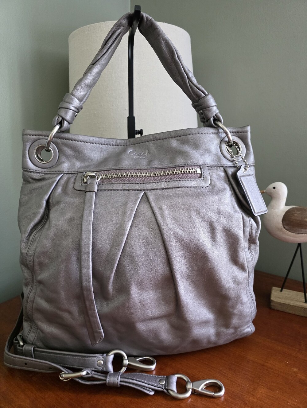 Coach F13411 Parker Shoulder Bag Metallic Silver Leather Hobo Purse Y2K